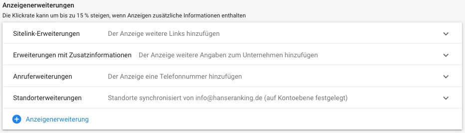 Anzeigenerweiterungen hinzufügen