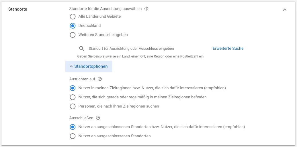 Standorteinstellungen